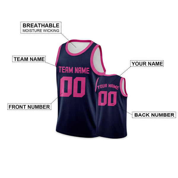 Custom Navy Pink Round Neck Rib-Knit Basketball Jersey