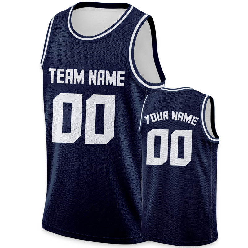 Custom Navy White Round Neck Rib-Knit Basketball Jersey