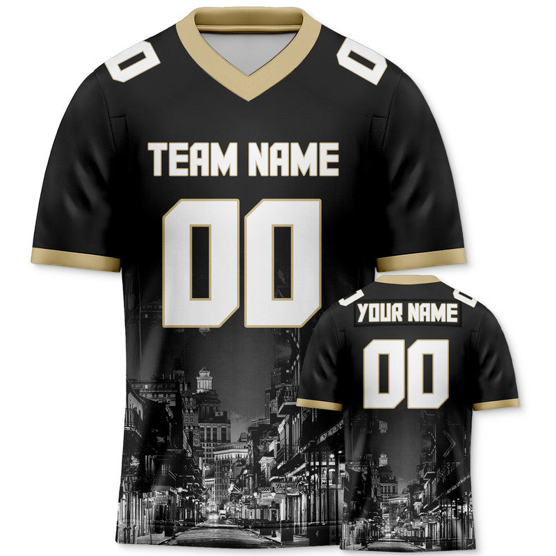 Custom 3D City Night Black White-Old Gold Authentic Football Silhouette Jersey