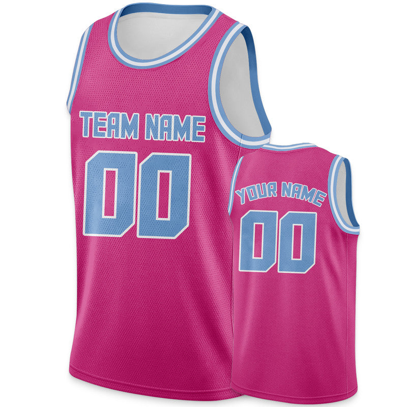 Custom Pink Light Blue Round Neck Rib-Knit Basketball Jersey