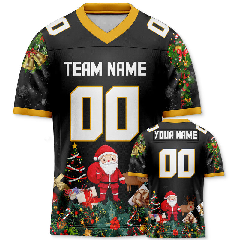 CHRISTMAS DAY CUSTOM BLACK WHITE-GOLD SANTA CLAUS AUTHENTIC FOOTBALL JERSEY