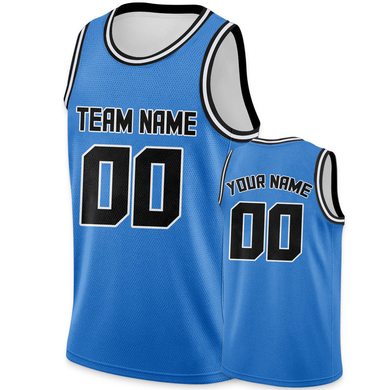 Custom Powder Blue Black Round Neck Rib-Knit Basketball Jersey