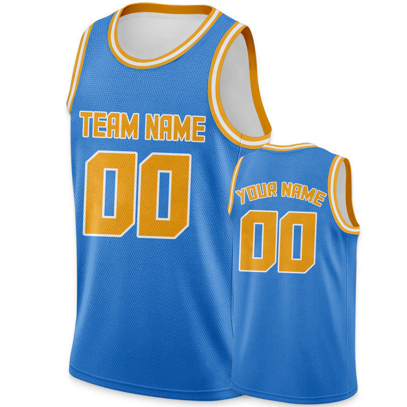 Custom Powder Blue Gold Round Neck Rib-Knit Basketball Jersey