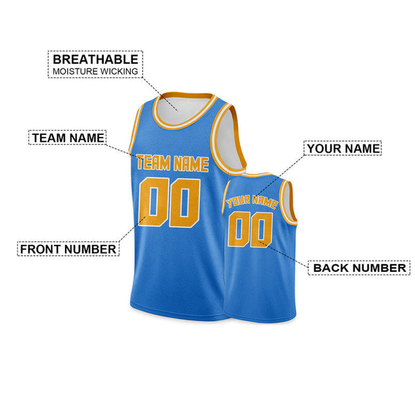 Custom Powder Blue Gold Round Neck Rib-Knit Basketball Jersey