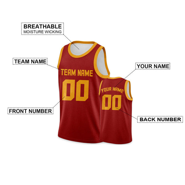 Custom Red Gold Round Neck Rib-Knit Basketball Jersey