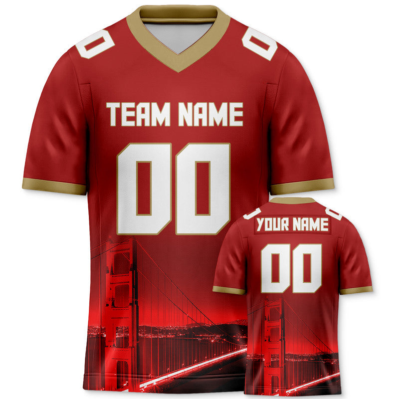 Custom 3D City Night Red White-Old Gold Authentic Football Silhouette Jersey