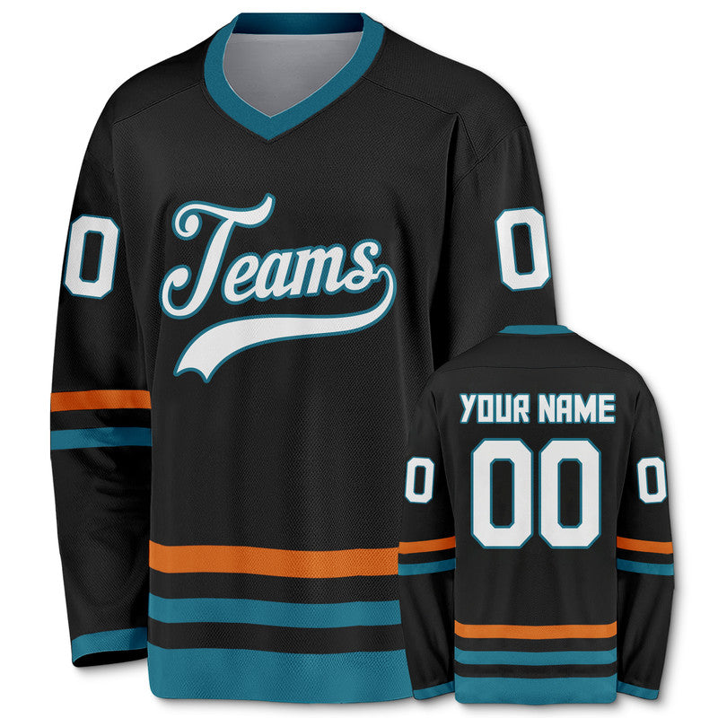 Custom Black White-Deep Pacific Teal Orange Authentic Hockey Jersey