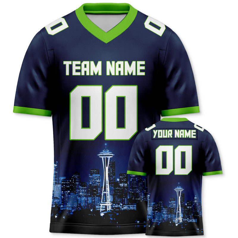 Custom 3D City Night Navy White-Neon Green Authentic Football Silhouette Jersey