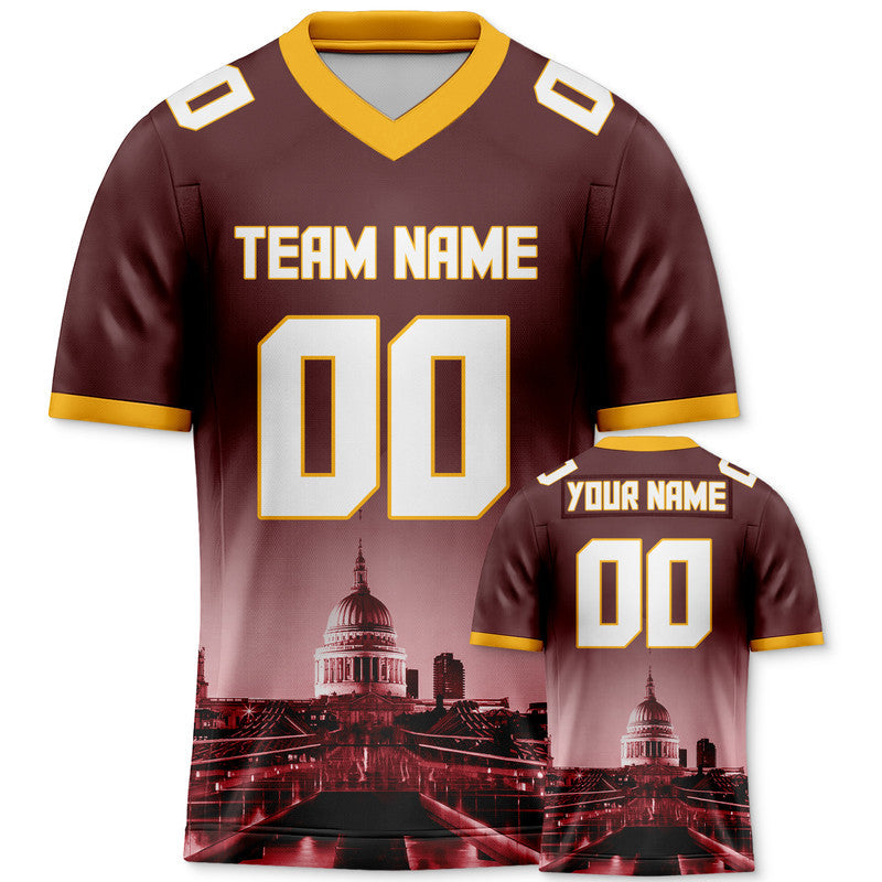 Custom 3D City Night Red White-Gold Authentic Football Silhouette Jersey