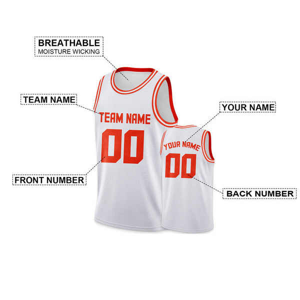 Custom White Orange Round Neck Rib-Knit Basketball Jersey