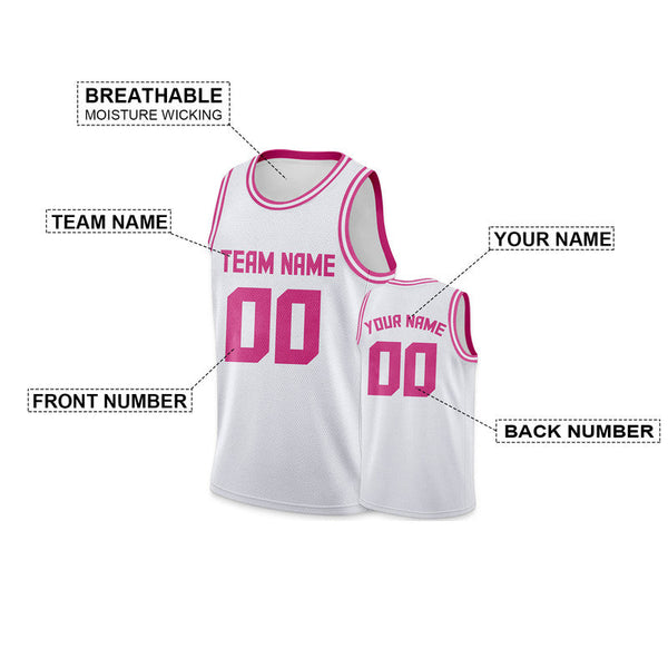 Custom White Pink Round Neck Rib-Knit Basketball Jersey