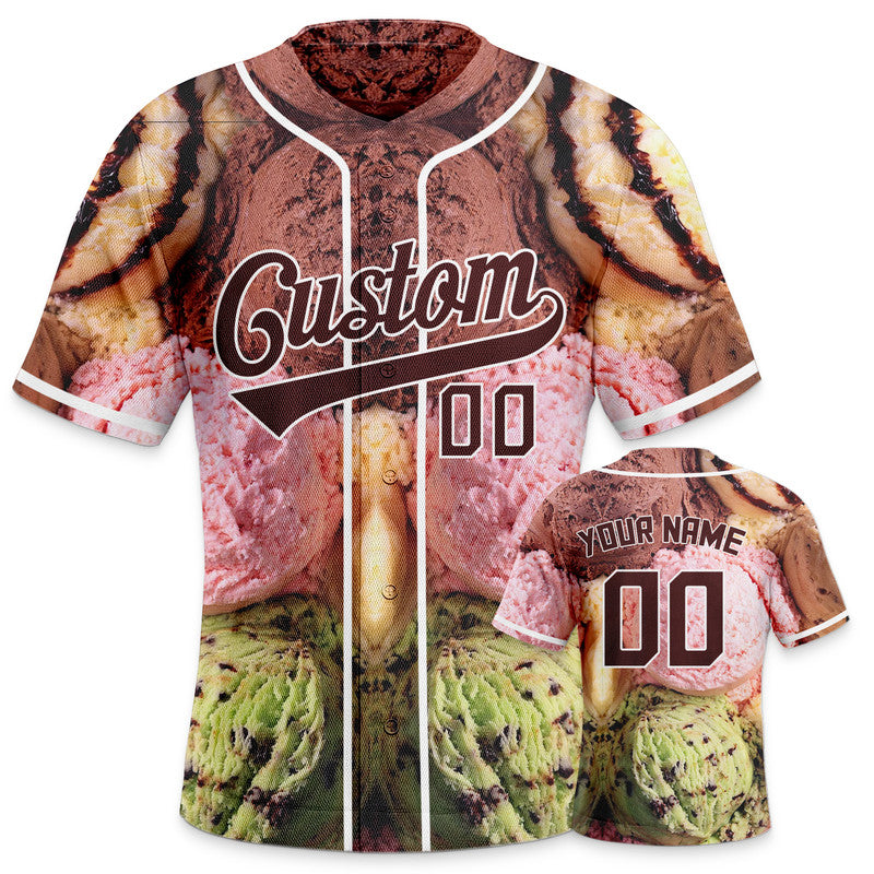 Custom Pink Brown-White 3D Pattern Design Ice cream Authentic Baseball Jersey