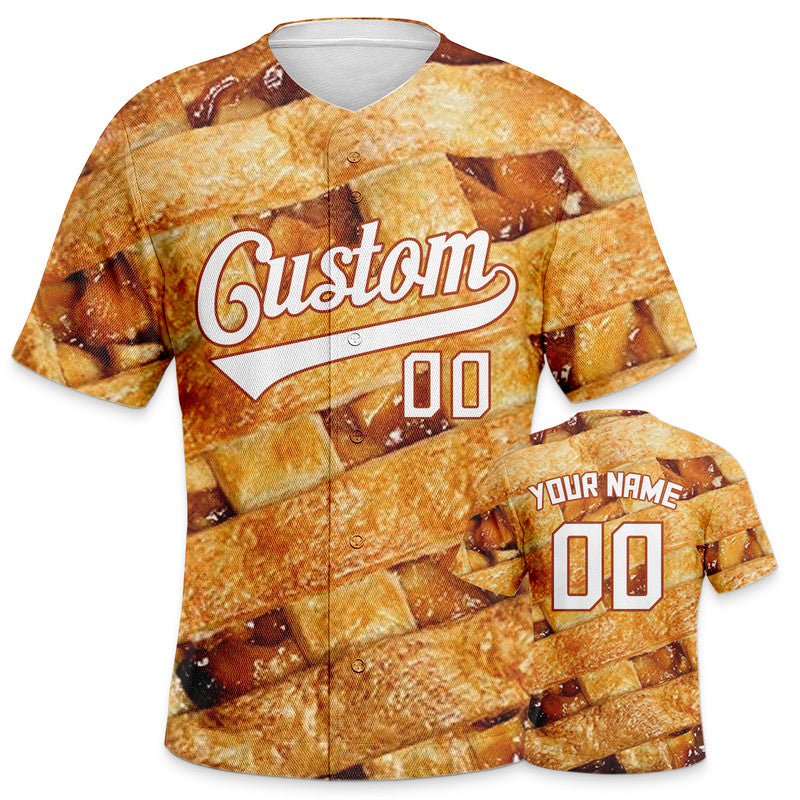 Custom Gold White 3D Pattern Design Apple pie Authentic Baseball Jersey