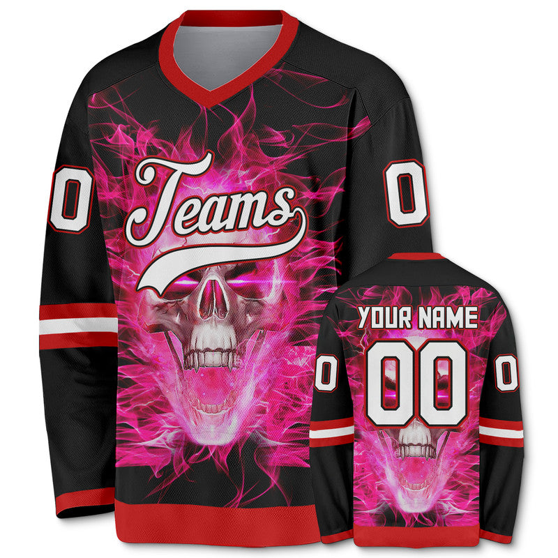 Custom Black Pink-White Authentic Skull Fashion Hockey Jersey