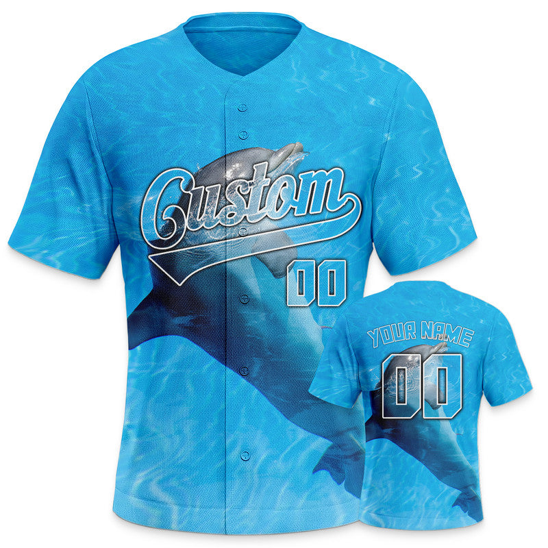 Custom Powder Blue Gray 3D Pattern Design Dolphin And Peacock Authentic Baseball Jersey