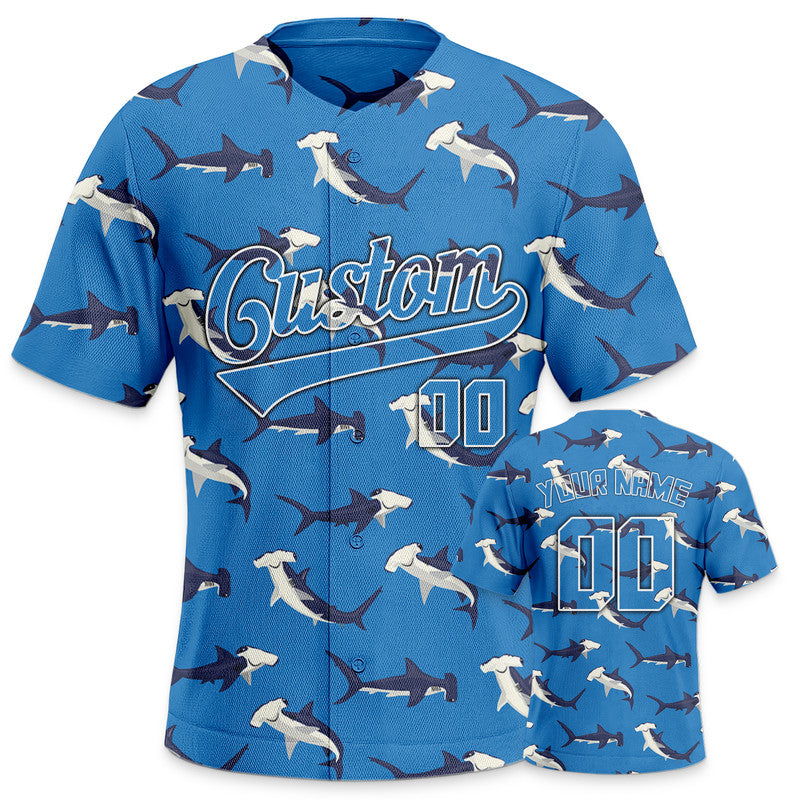 Custom Light Blue White 3D Pattern Design Shark And Peacock Authentic Baseball Jersey