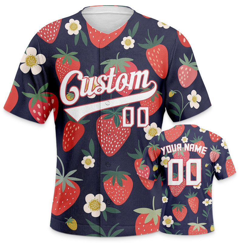 Custom Navy Red-White 3D Pattern Design Strawberry Authentic Baseball Jersey