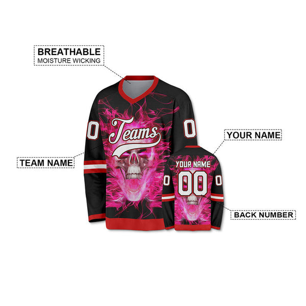 Custom Black Pink-White Authentic Skull Fashion Hockey Jersey