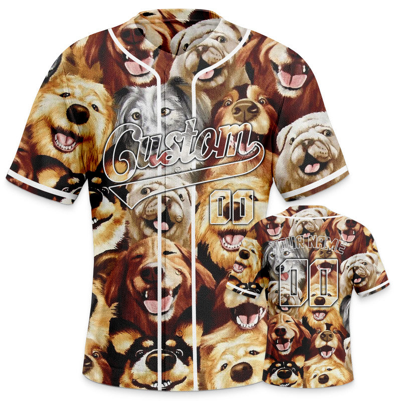 Custom Brown White-Gray 3D Pattern Design Dog And Peacock Authentic Baseball Jersey