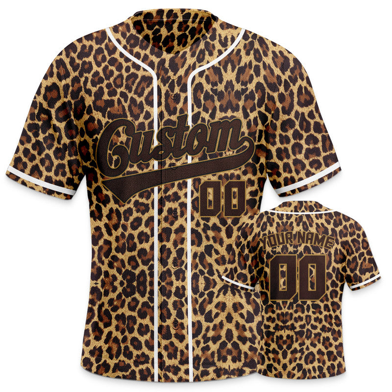 Custom Brown White 3D Pattern Design Leopard And Peacock Authentic Baseball Jersey