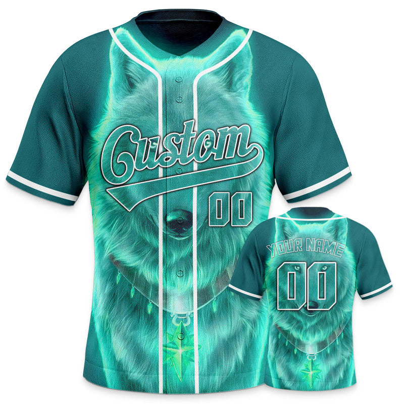 Custom Aqua White 3D Pattern Design Wolf And Peacock Authentic Baseball Jersey