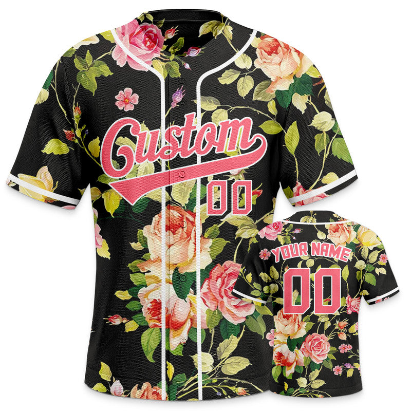 Custom Black Green-Pink 3D Pattern Design Rose Authentic Baseball Jersey