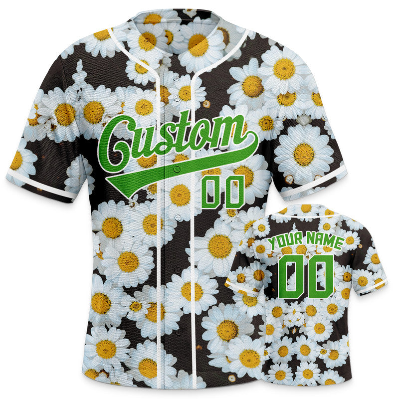 Custom Black White-Green 3D Pattern Design Daisy Authentic Baseball Jersey