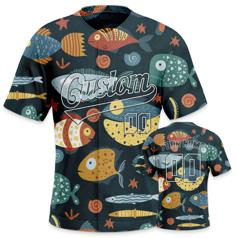 Custom Aqua 3D Pattern Design Fish And Peacock Authentic Baseball Jersey