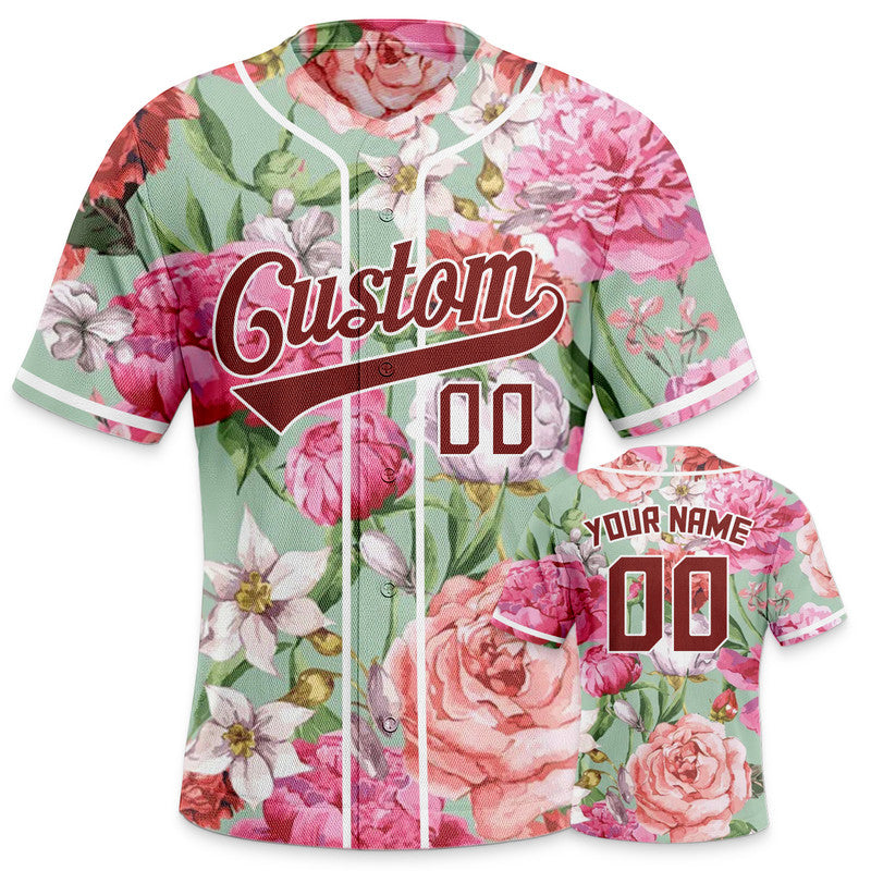 Custom Pink Crimson-White 3D Pattern Design Carnation Authentic Baseball Jersey