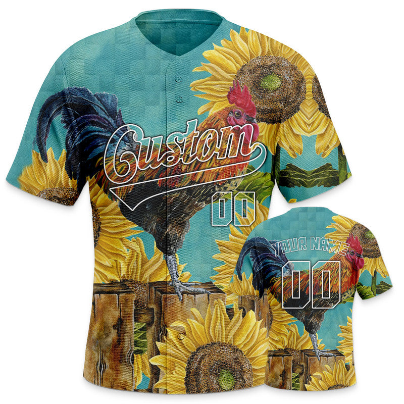 Custom Gold Aqua-White 3D Pattern Design Chicken And Peacock Authentic Baseball Jersey