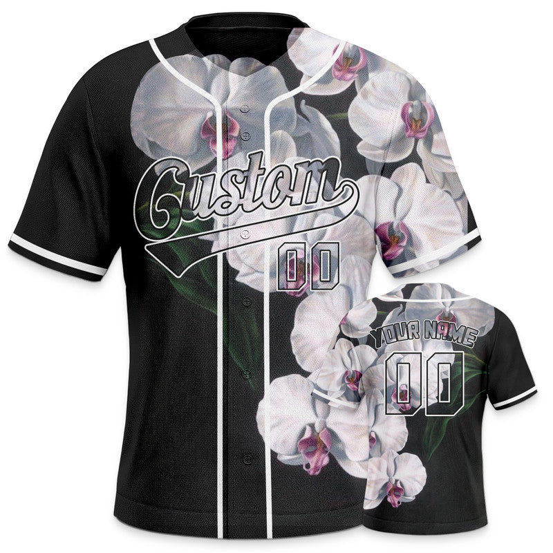 Custom Black White 3D Pattern Design Orchid Authentic Baseball Jersey